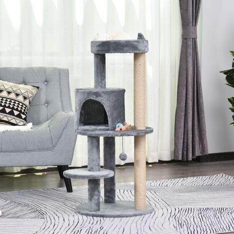 Arbre à chat 4 étages, 48×48×104 cm, maison, balles jeu, perchoir, colonne sisal, planche griffe, peluche, gris (1/4)