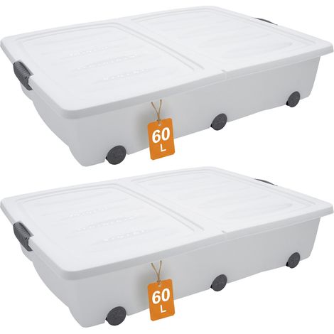 XXL Unterbettkommode mit Klappverschluss 2er Set - 60 Liter - Aufbewahrungs-Rollbox mit zweigeteiltem Deckel in weiß