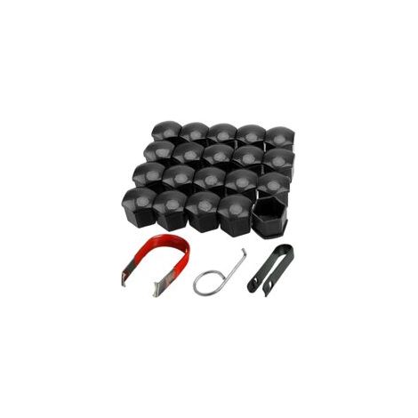 Lot de 20 capuchons de boulons de roue - Capuchons pour boulons de roue - Noir - 17 mm - Pour voitures - Avec 1 clip et 2 outils de démontage (1/5)