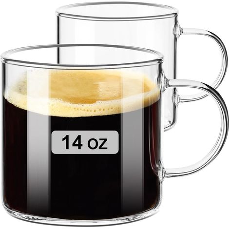 Lot de 2 tasses à thé claires 430 ml, tasses à café en verre, grands verres à thé avec anse