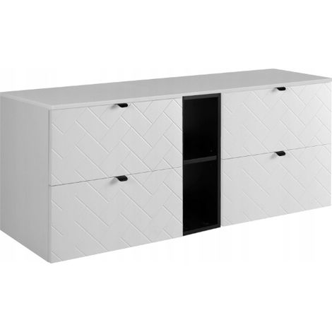 Rodan Waschbeckenunterschrank 140 cm, Weiß Matt, 46 x 140 x 62,3 cm, mit Waschtischplatte und schwarzem Badregal, feuchtraumgeeignet, Badmöbel