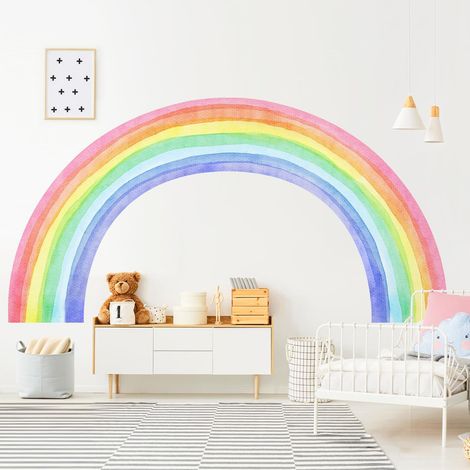 Stickers Muraux Enfants Arc en Ciel Aquarelle - Grand Format 210x108cm Autocollant Mural en Vinyle pour Deco Chambre Fille, Nursery et Salle de Jeux (1/5)