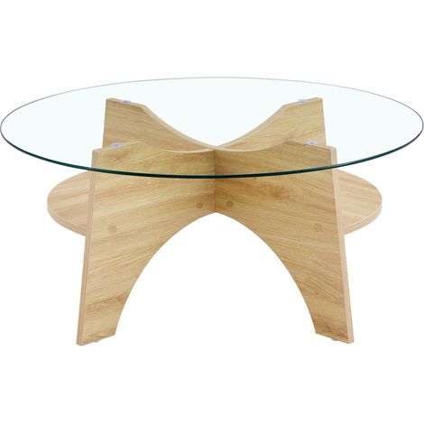 Table basse ronde en verre transparent Ø 80 cm avec structure en MDF aspect bois naturel (1/5)