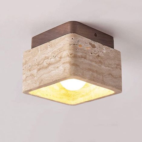 Plafonnier en Travertin Jaune Naturel Carré Noyer Bois Lampe de Plafond Vintage Luminaire au Plafond pour Chambre Salon Cuisine Couloir (1/5)