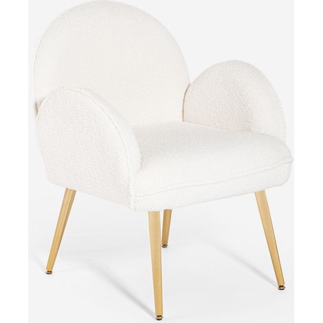 Sedia poltroncina in bouclé bianco metallo dorato per sala da pranzo Vivi