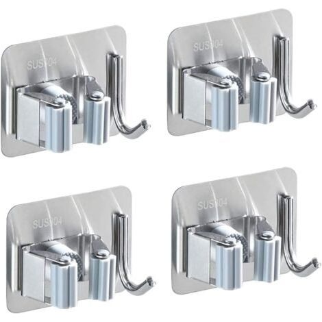 FENOPLASTICALot de 4 supports muraux pour balai en acier inoxydable, porte-balai auto-adhésif, antirouille, avec 1 crochet et 1 fixation rapide pour vadrouille, balais et outils de jardin (1/5)