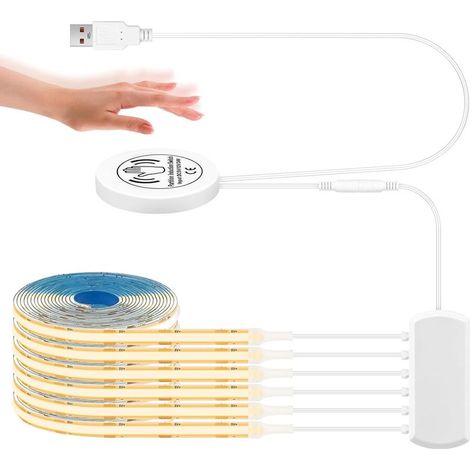 Ruban LED COB 1M, 6 Pièces COB Bande LED Blanc Chaud en Parallèle, avec Variateur Tactile et à Balayage Manuel, Découpable Éclairage pour Armoire, Vitrine, Panneaux Acoustiques, 5V