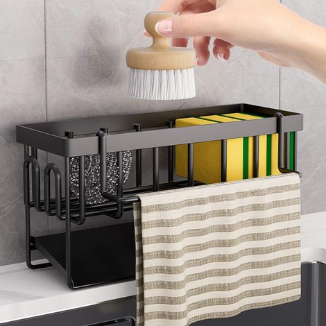 Porte Eponge evier Cuisine Organisateur evier avec égouttoir Automatique Métal Porte éponge avec Porte torchons Noir (1/4)