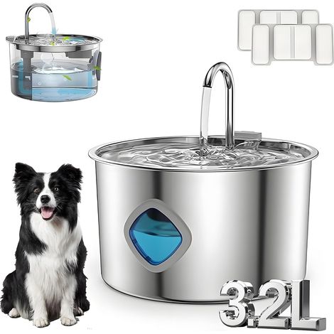 Pawdrates 3,2-Liter-Trinkbrunnen für Hunde und Katzen mit visueller Wasserstandsanzeige, Edelstahl 304, 3 Bewässerungsmodi und leiser Pumpe (1 Stück + 2