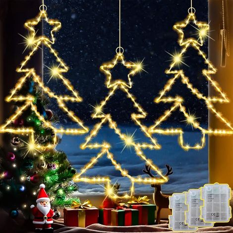 Lumineuse de Noël de Fenêtre, 3 Pièces 55 LED Decoration Noel Exterieur à Pile, Imperméable Etoile Lumineuse Noel Sapin avec Minuterie Ventouse ronde avec crochet- Blanc Chau