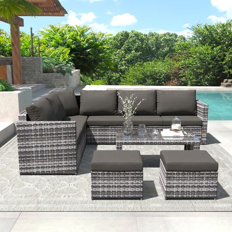 Rattan Garden Furniture Set 8 Seater Rattan Sofa Garden Corner Sofa Set Garden Lounge with Coffee table & 2 stools (1/5)