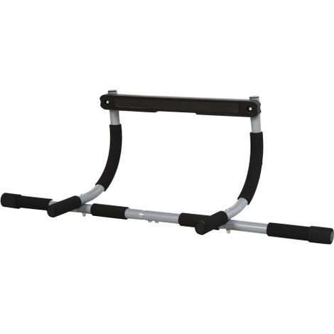 Barra de dominadas multifuncional, barra de dominadas para marco de puerta fabricada en acero con agarres de espuma, negro/gris, 92x40x17cm, para entrenamiento en casa y en exteriores. (1/5)