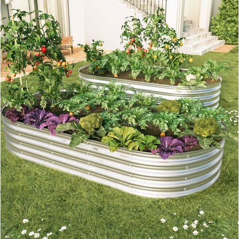 Bac potager surélevé en acier galvanisé, lot de 2, 182,9 x 91,5 x 30,5 cm, argent, REDOM (1/5)