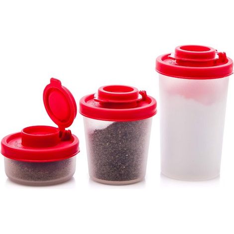 Salero y pimentero herméticos de 3 piezas, Transparentes con tapas rojas, Perfectos para acampar, Diseño resistente a la humedad (1/4)