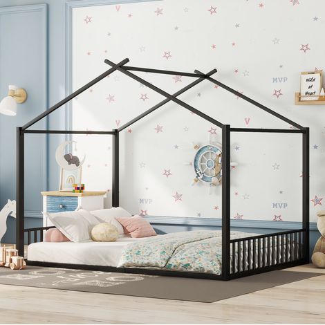 Letto a casetta bambini 140x200 cm, forma a casa, rete a doghe in metallo, senza materasso, nero (1/5)