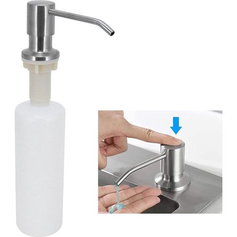 Dispenser di sapone, pompa per sapone, dispenser di sapone da tavolo, da incasso, rotondo, set ricaricabile, 300 ml, acciaio inox, per doccia e cucina, accessori per dispenser di sapone e lozione (1/5)
