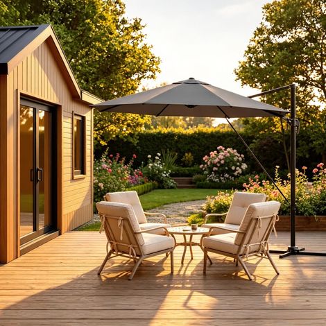Parasol déporté Gris 3 m avec pied croix métallique – Toile 200g/m² UPF50+ ventilée – Rotation 360° et 5 angles inclinaison – Pliable compact avec housse Oxford Pour jardin balcon terrasse (1/5)