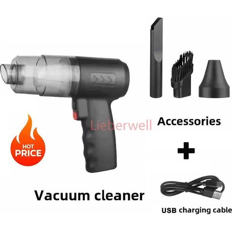 3 Blowing Cordless Mini Handheld Vacuum, Air Duster and Dust Blower, Portable USB Rechargeable for Car and Home, Black ABS with Nozzles (1/5)