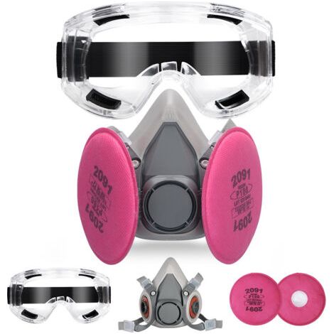 Masque respiratoire demi-visage réutilisable avec 4 filtres 2097 et lunettes de protection, bouchons d'oreille pour peinture, poussière, chimique, résine époxy, coupe, polissage, Rouge