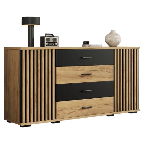 Buffet 140x35x70cm en MDF avec 4 tiroirs et 2 portes, design rainuré vertical, commode avec étagères réglables, combinaison chêne-noir, meuble de rangement pour salon/salle à manger (1/5)