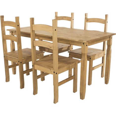 Corona Rectangular Dining Table and 4 Chair Set - Pine - 150 x 75 x 75 cm - Antique Waxed Pine