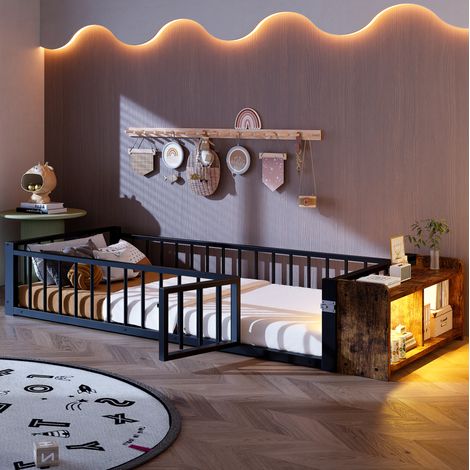 Lit enfant 90/200 cm noir en métal et panneaux de fibres avec garde-corps et rangement ouvert (1/5)