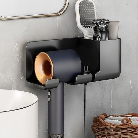 Soporte de pared con gancho y enchufe + organizador integrado para peine, maquinilla de afeitar, rizador, etc. (1/5)