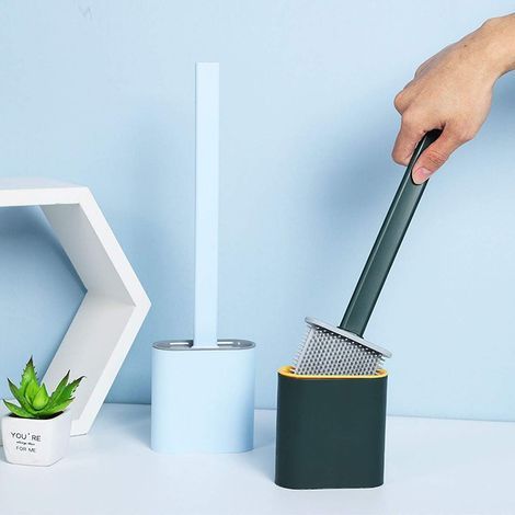 Brosse De Toilette, Brosse WC Et Support avec Une Petite Poubelle, Brosse De Toilette en Silicone Antibactérienne Balayette WC Balai Brosse Ensemble, Brosse De Toilettes À Manche Long,Vert (1/4)