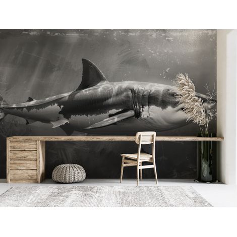 Papier peint animaux - requin blanc majestueux en noir et blanc - 150 x 250 cm (1/2)