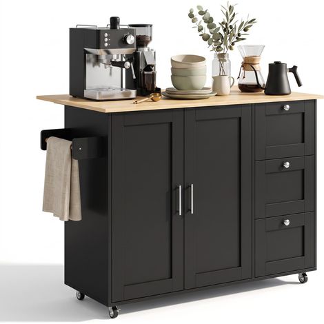 FurnitureR Black Kitchen Island 135x44x90cm with 3 Drawers 2 Doors (1/5)