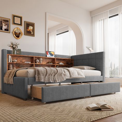 MEUBLIV Lit 90x200 cm gris – tête de lit, rangements et USB, sans matelas (1/5)