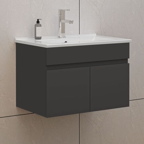 60cm Badmöbel Set mit Waschbecken Keramik dünn Waschtisch mit Unterschrank Gäste WC Anthrazit Matt (1/5)