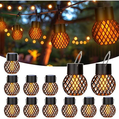 Lot de 12 lampes solaires à suspendre pour extérieur, flamme vacillante, lampes solaires pour jardin, cour, clôture, arbre (1/5)