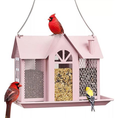 Pink-themed triple bird feeder, durable and weatherproof, suitable for gardens, patios, squirrel hanging, wild bird hanging, metal mesh house. (1/3)