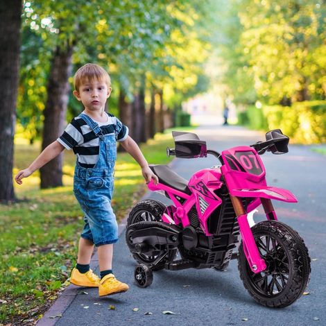 Moto électrique 12V avec roues stabilisatrices, vitesse maximale 3 km/h, klaxon et bruit de démarrage, pour 3 à 8 ans, charge maximale 30 kg, rose (1/4)