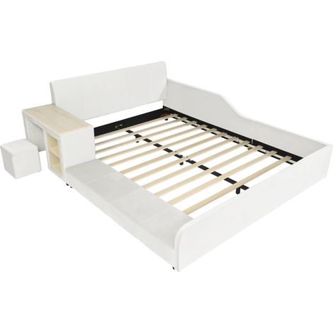 Letto imbottito per bambini 140x200 cm con scrivania, sgabello e ripiano, velluto bianco (1/5)