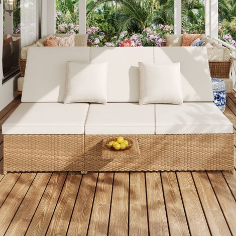 Chaise de loisirs de jardin en plein air, lit double, chaise de loisirs en rotin, canapé en rotin, pliable avec coussin, blanc (1/5)