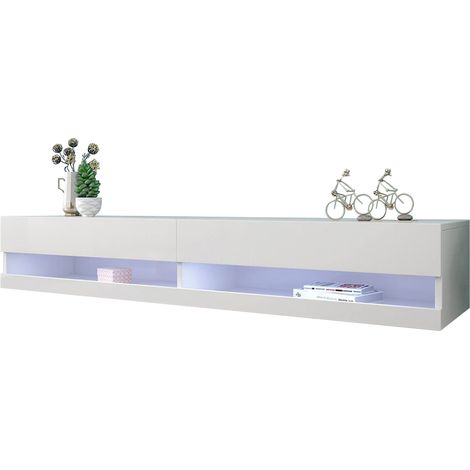 Meuble TV blanc-Éclairage LED intégré-Structure basse avec rangement généreux-140x40x30,5cm (1/5)