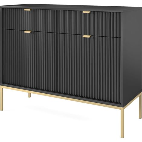 Commode 104 cm, 2 tiroirs, 2 portes, Noir, poignées dorées, 104 x 39 x 83 cm (1/5)