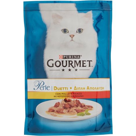 gourmet perle, alimento umido per gatto, duetti di carne con manzo e pollo.