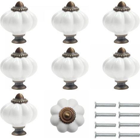 Tiradores de cerámica blanca y bronce para muebles con tornillos de calabaza (juego de 8) - Tiradores redondos vintage para muebles (1/4)