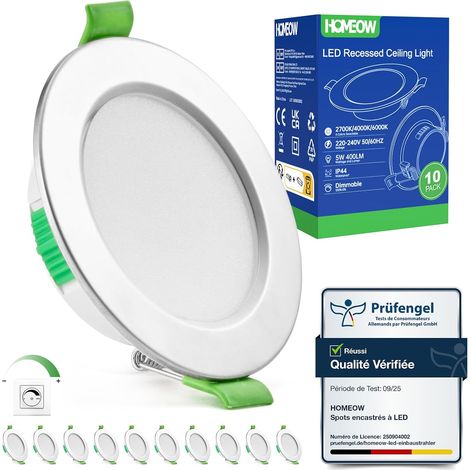 Lot de 10 Spot LED Encastrable Dimmable 5W, Spot LED Encastrable 68mm - 80mm Découpe, Blanc Chaud 2700K Blanc Neutre 4000K Blanc Froid 6000K Réglable Spot Salle de Bain IP44 pour Salon Cuisine (1/5)