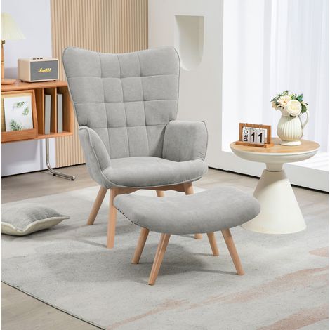 Ohrensessel mit Hocker 72x80x101 cm grau aus Polyester mit Buchenholzbeinen und hoher Belastbarkeit (1/3)