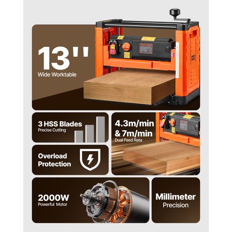 Raboteuse Bois Électrique 3 Lames Table de Travail 33 cm Moteur 2000 W 23500 tr/min Double Rouleau Protection Contre Surcharges 2 Vitesses Panneau Latéral Plastique pour Bois Durs et Tendres (1/5)