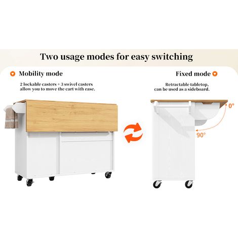 Îlot de cuisine, meuble de cuisine avec motif en bois, buffet, dimensions : 130x45 cm (75 cm), meuble de cuisine qui s’étend sur des roulettes. (1/5)