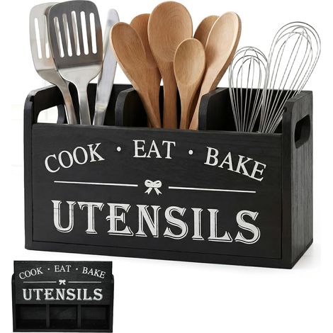 Wooden Kitchen Utensil Holder with 3 Compartments (1/5)