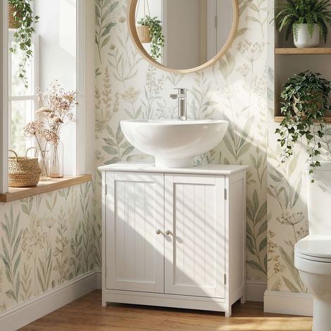 Meuble sous-lavabo à 2 portes avec étagère réglable et découpe en U, 60x30x60 cm, blanc (1/5)