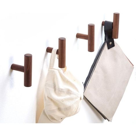 Ensemble de quatre cintres - crochets - porte-manteau mural - étagère murale en bois - marron
