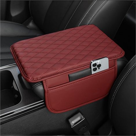 Housse de console centrale améliorée, coussin d'accoudoir en cuir microfibre avec 2 pochettes de rangement, organisateur universel pour accoudoir de voiture (Rouge) (1/5)