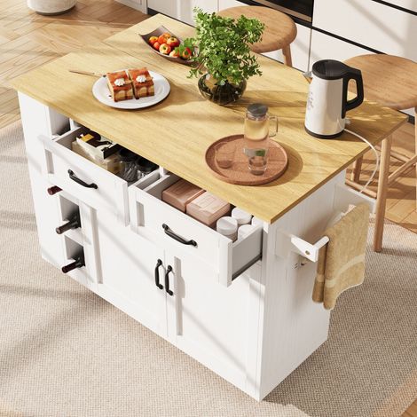 Îlot de cuisine 131,5x43x90,7 cm, desserte avec multiprise, casier à vin, meuble de rangement mobile, buffet, mdf, blanc (1/5)